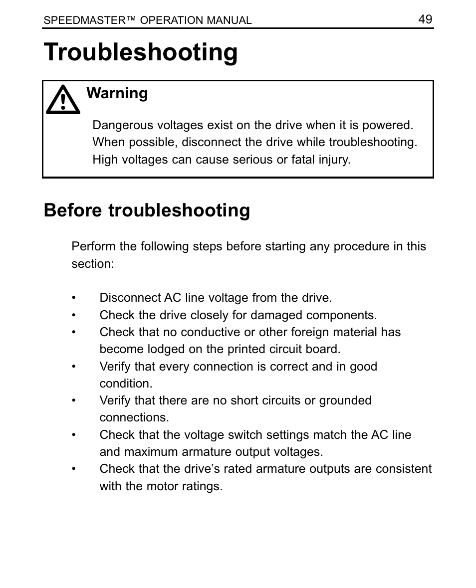 Troubleshooting, Before troubleshooting | LEESON SCR Thyristor Motor Control User Manual | Page 55 / 60