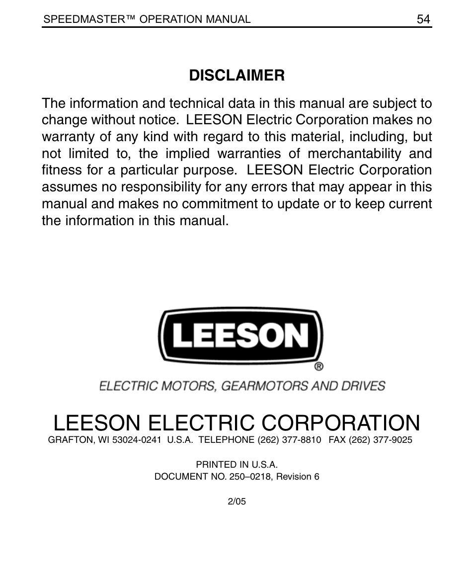 Leeson electric corporation, Disclaimer | LEESON SCR Thyristor Motor Control User Manual | Page 60 / 60