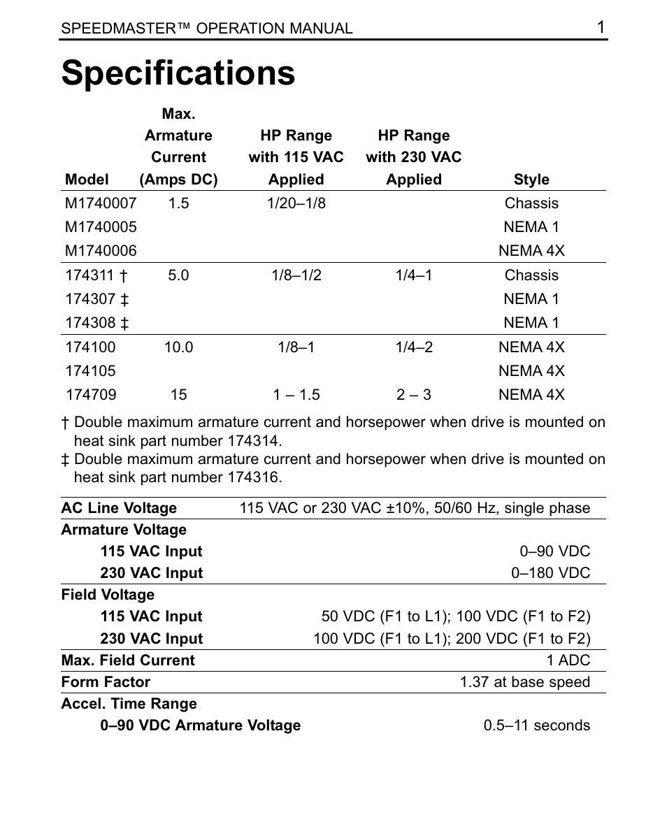 Specifications | LEESON SCR Thyristor Motor Control User Manual | Page 7 / 60