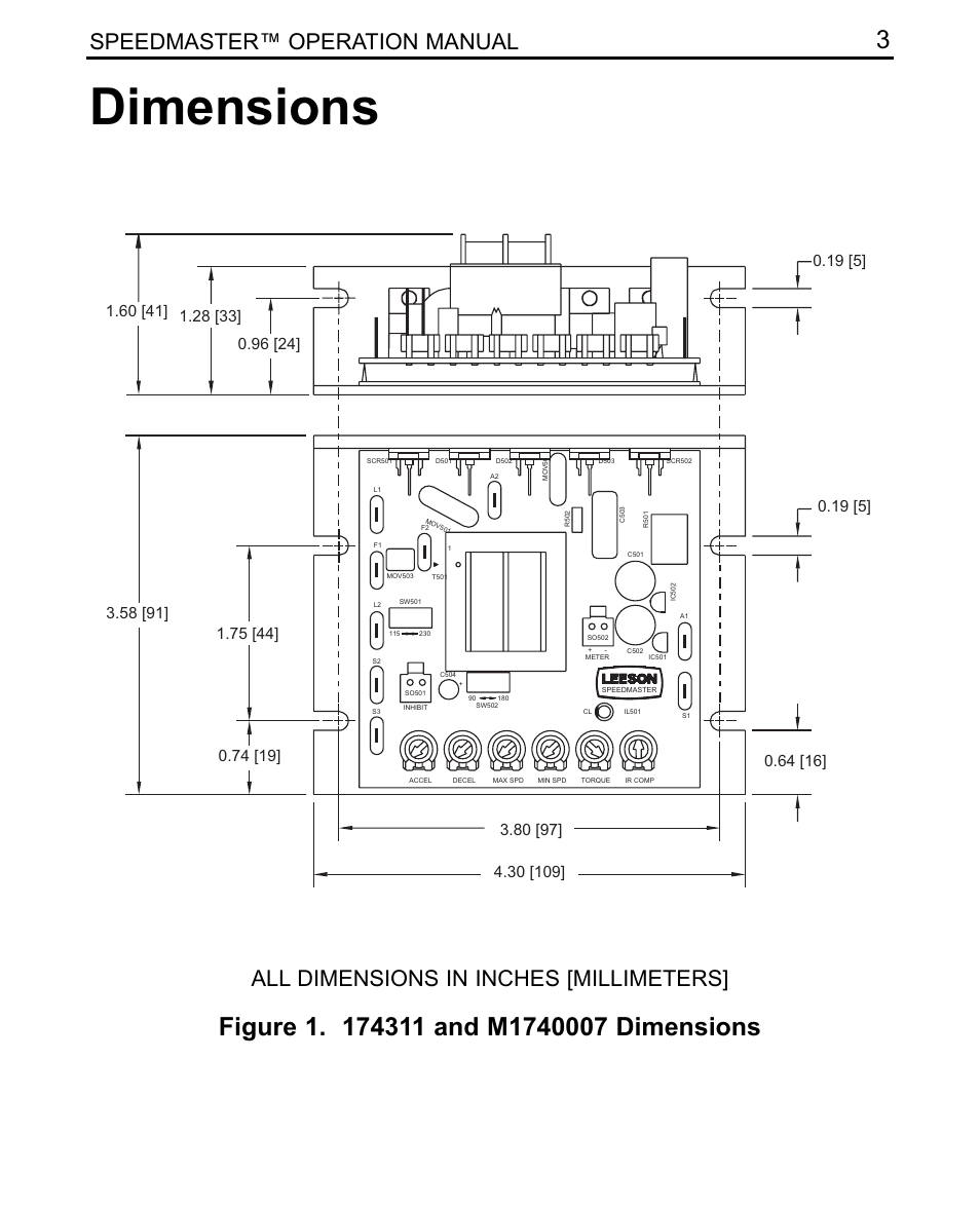 Dimensions, Speedmaster™ operation manual, All dimensions in inches [millimeters | LEESON SCR Thyristor Motor Control User Manual | Page 9 / 60