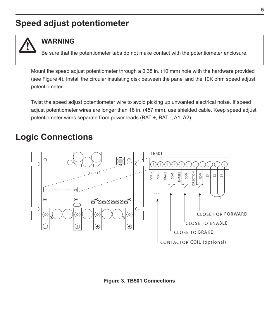 Speed adjust potentiometer, Logic connections, Warning | LEESON PWM DC Control: 174299 User Manual | Page 10 / 35