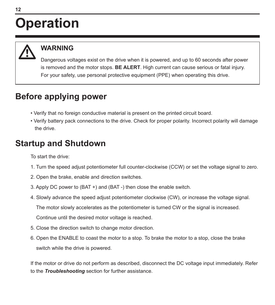 Operation, Before applying power, Startup and shutdown | LEESON PWM DC Control: 174299 User Manual | Page 17 / 35