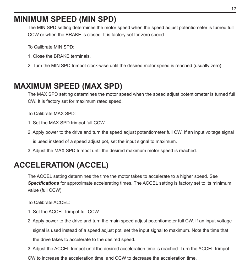 Minimum speed (min spd), Maximum speed (max spd) acceleration (accel) | LEESON PWM DC Control: 174299 User Manual | Page 22 / 35