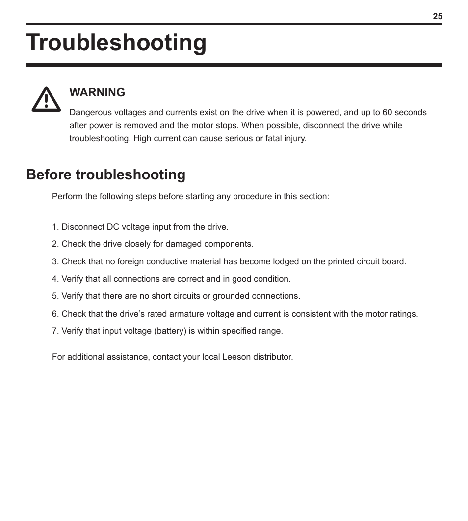 Troubleshooting, Before troubleshooting | LEESON PWM DC Control: 174299 User Manual | Page 30 / 35