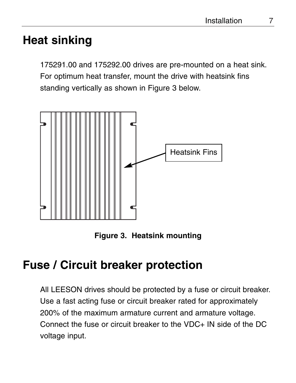 Heatsinking, Fuse / circuit breaker protection, Heat sinking | LEESON Chassis Mount PWM Control: 175292.00 User Manual | Page 13 / 44
