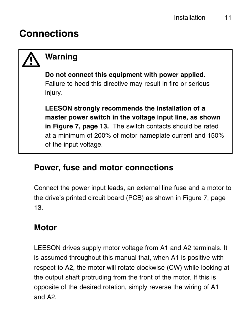 Connections, Power, fuse and motor | LEESON Chassis Mount PWM Control: 175292.00 User Manual | Page 17 / 44