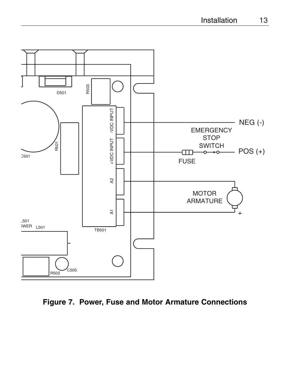 Installation, Neg (-) pos (+), Fuse emergency stop motor armature | LEESON Chassis Mount PWM Control: 175292.00 User Manual | Page 19 / 44