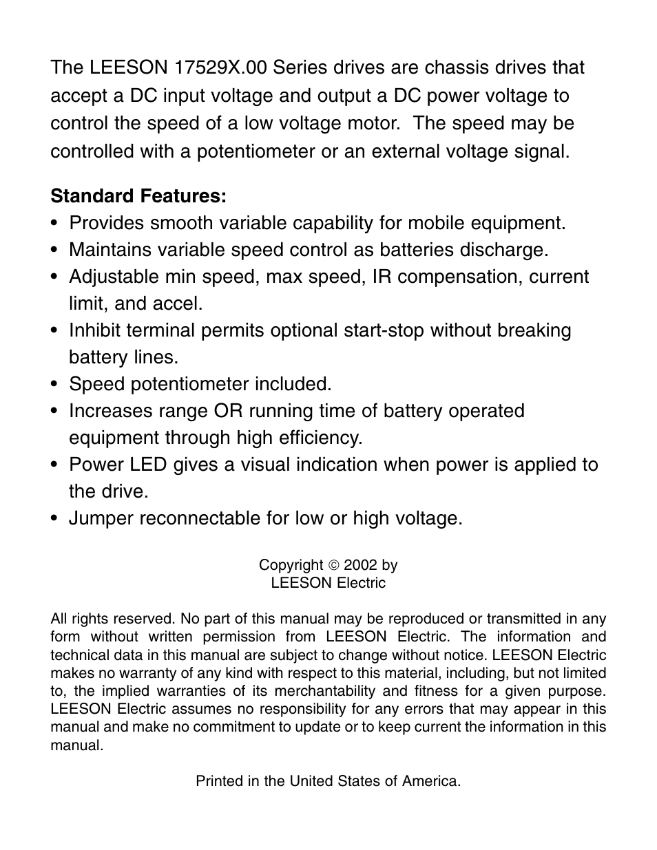 Standard features | LEESON Chassis Mount PWM Control: 175292.00 User Manual | Page 2 / 44