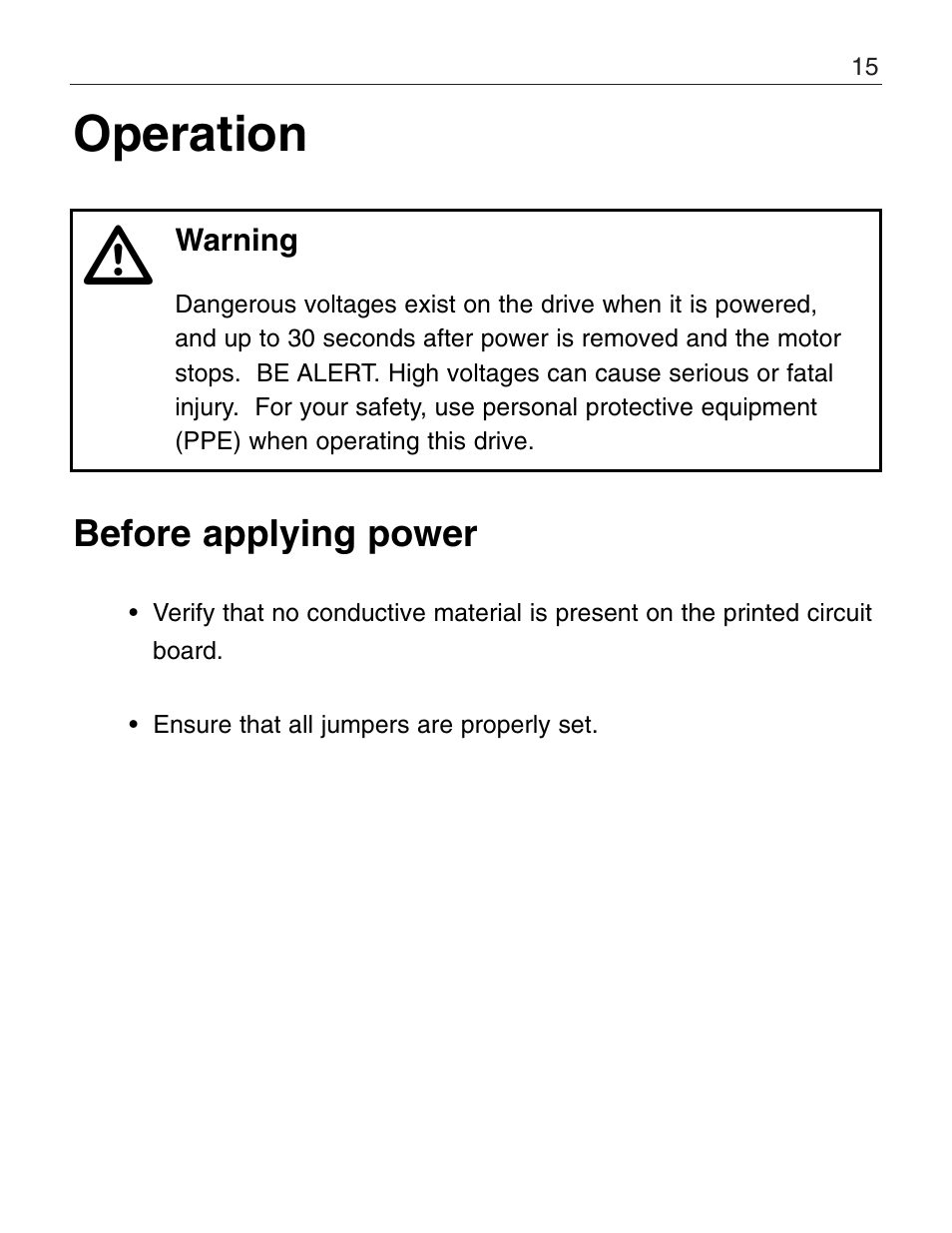 Operation, Before applying power | LEESON Chassis Mount PWM Control: 175292.00 User Manual | Page 21 / 44