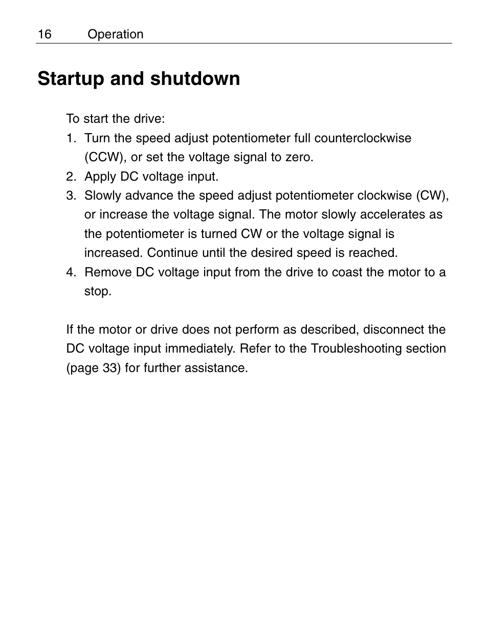 Startup and shutdown | LEESON Chassis Mount PWM Control: 175292.00 User Manual | Page 22 / 44