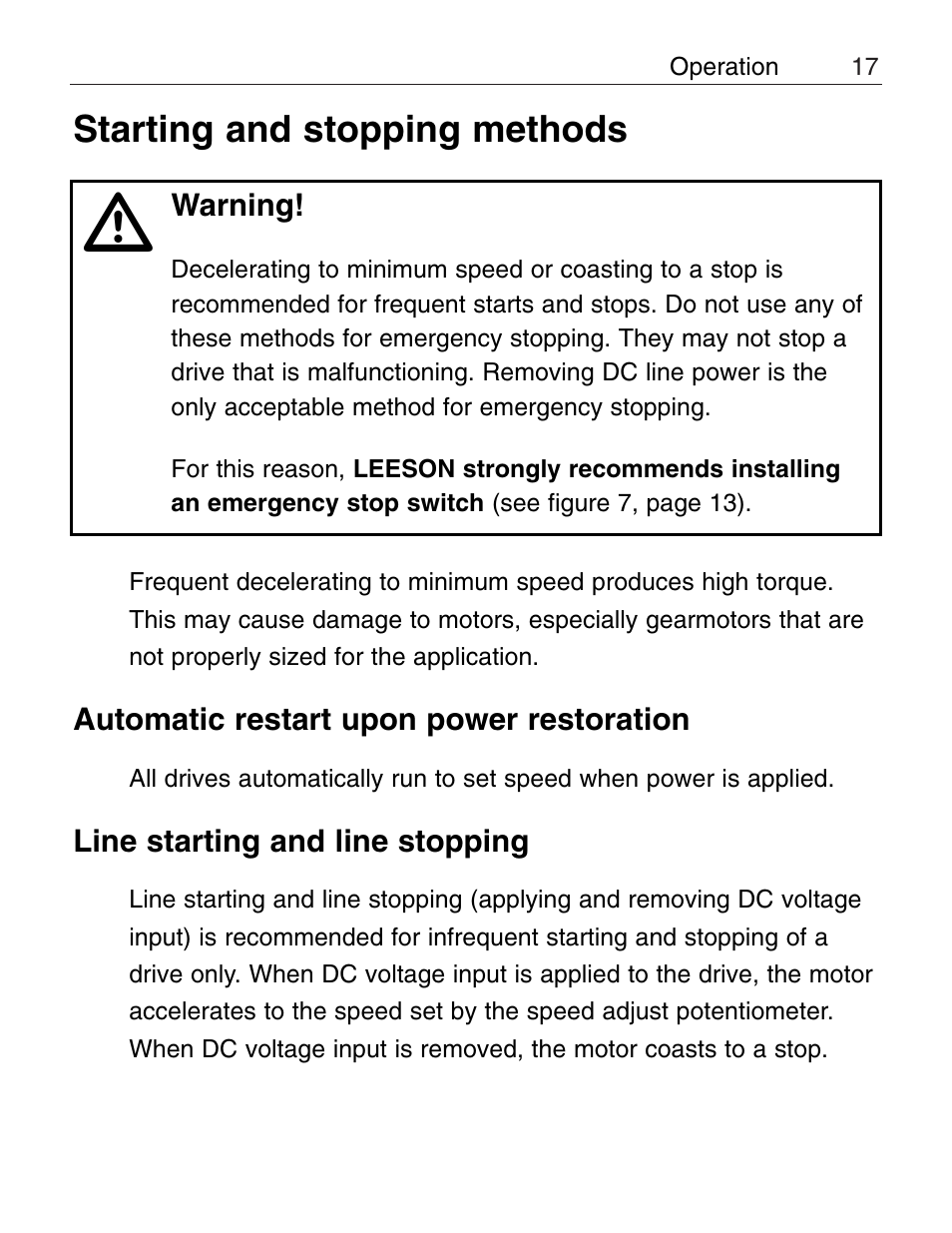 Starting and stopping methods, Automatic restart upon power restoration, Line starting and line stopping | LEESON Chassis Mount PWM Control: 175292.00 User Manual | Page 23 / 44