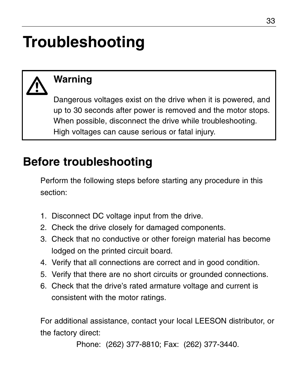 Troubleshooting, Before troubleshooting | LEESON Chassis Mount PWM Control: 175292.00 User Manual | Page 39 / 44