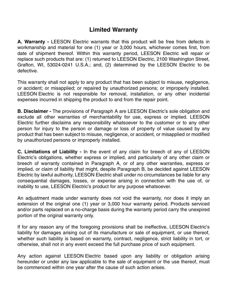 Limited warranty | LEESON Chassis Mount PWM Control: 175292.00 User Manual | Page 43 / 44