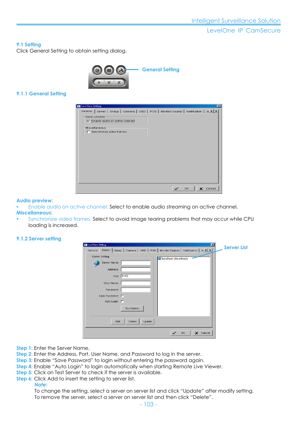 1 setting, 1 general setting, 2 server setting | LevelOne FCS-8006 User Manual | Page 104 / 139