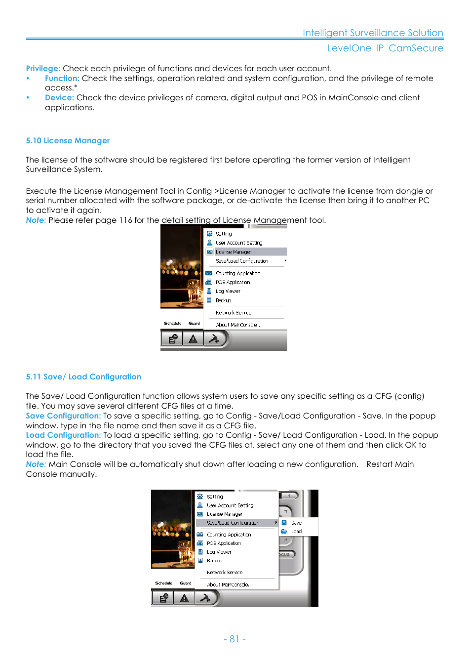 10 license manager, 11 save/ load configuration | LevelOne FCS-8006 User Manual | Page 82 / 139