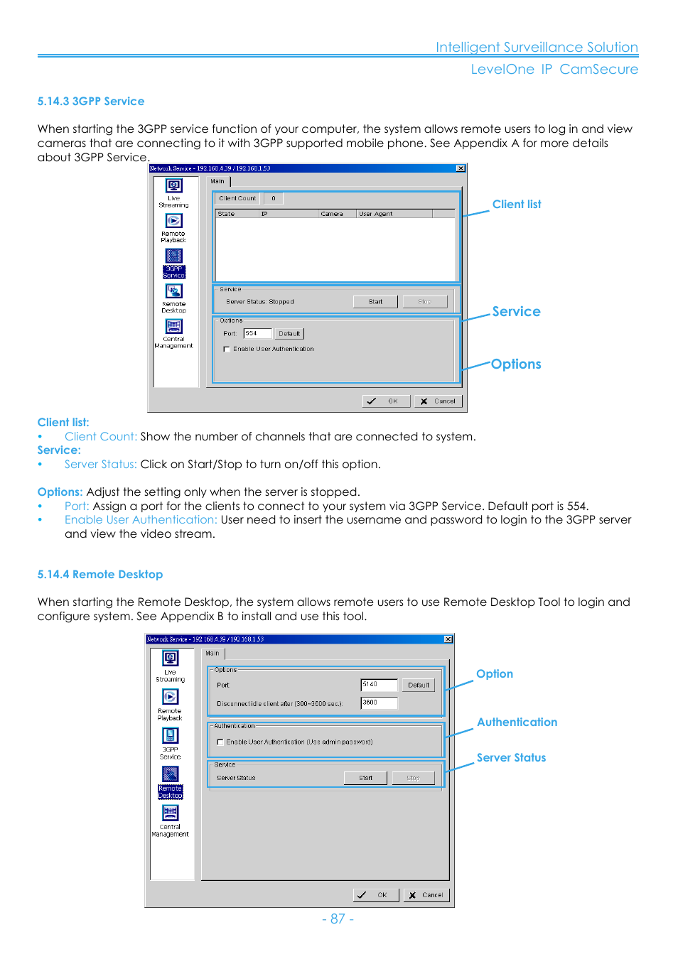 3 3gpp service, 4 remote desktop | LevelOne FCS-8006 User Manual | Page 88 / 139