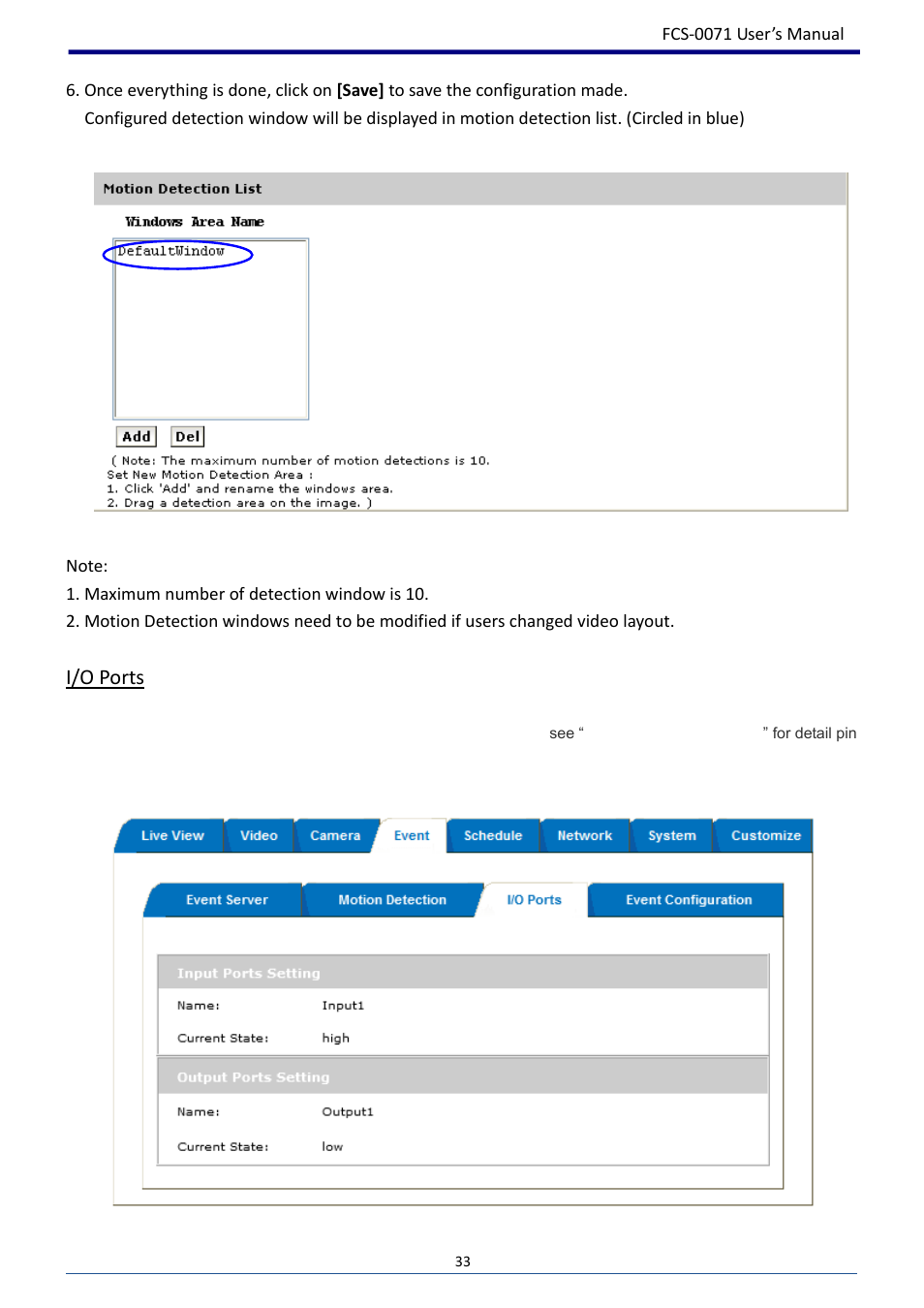 I/o ports | LevelOne FCS-0071 User Manual | Page 34 / 51