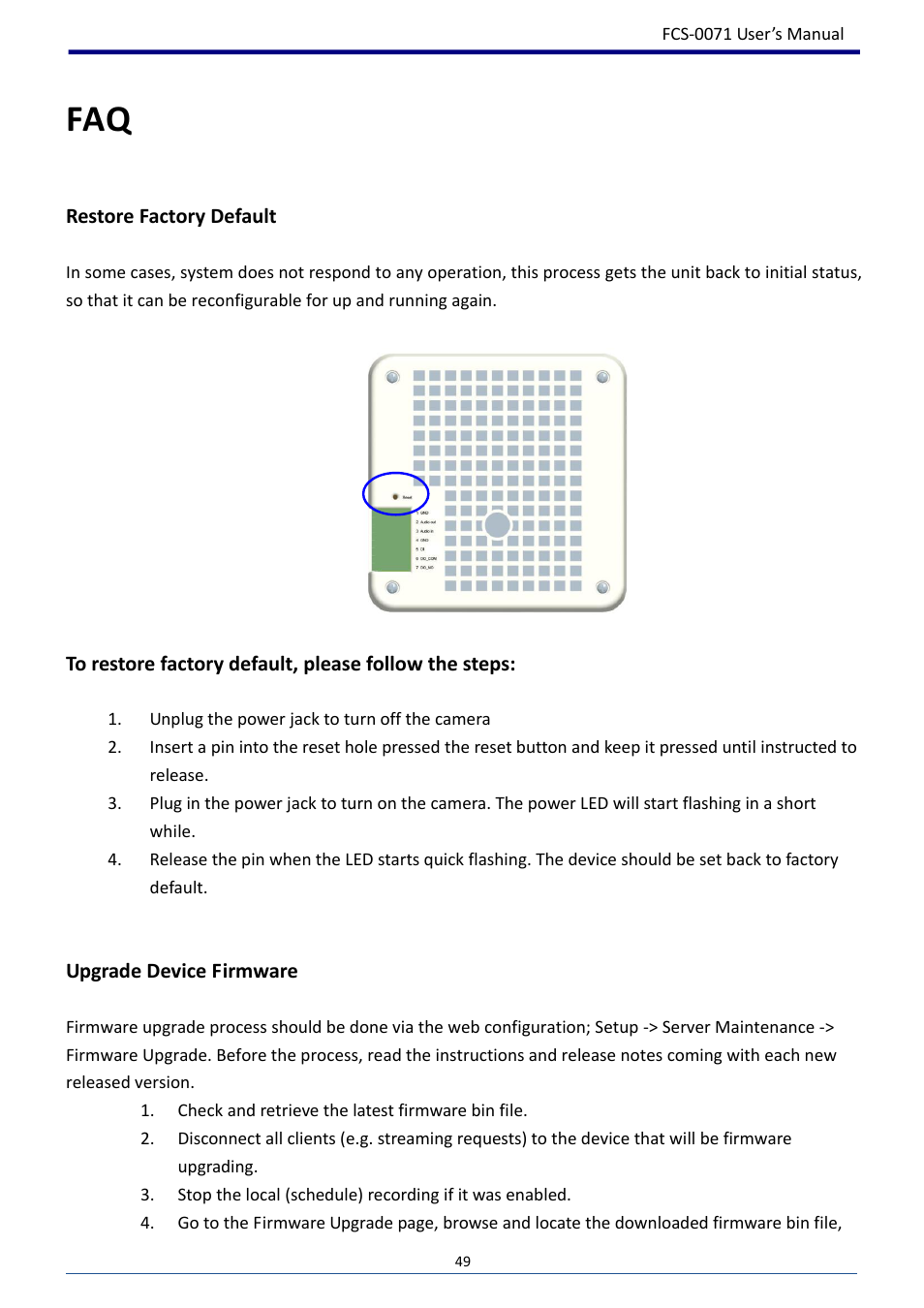 Restore factory default, Upgrade device firmware | LevelOne FCS-0071 User Manual | Page 50 / 51