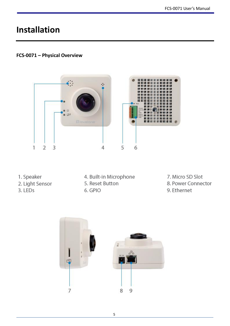 Installation, Fcs-0071 – physical overview | LevelOne FCS-0071 User Manual | Page 6 / 51