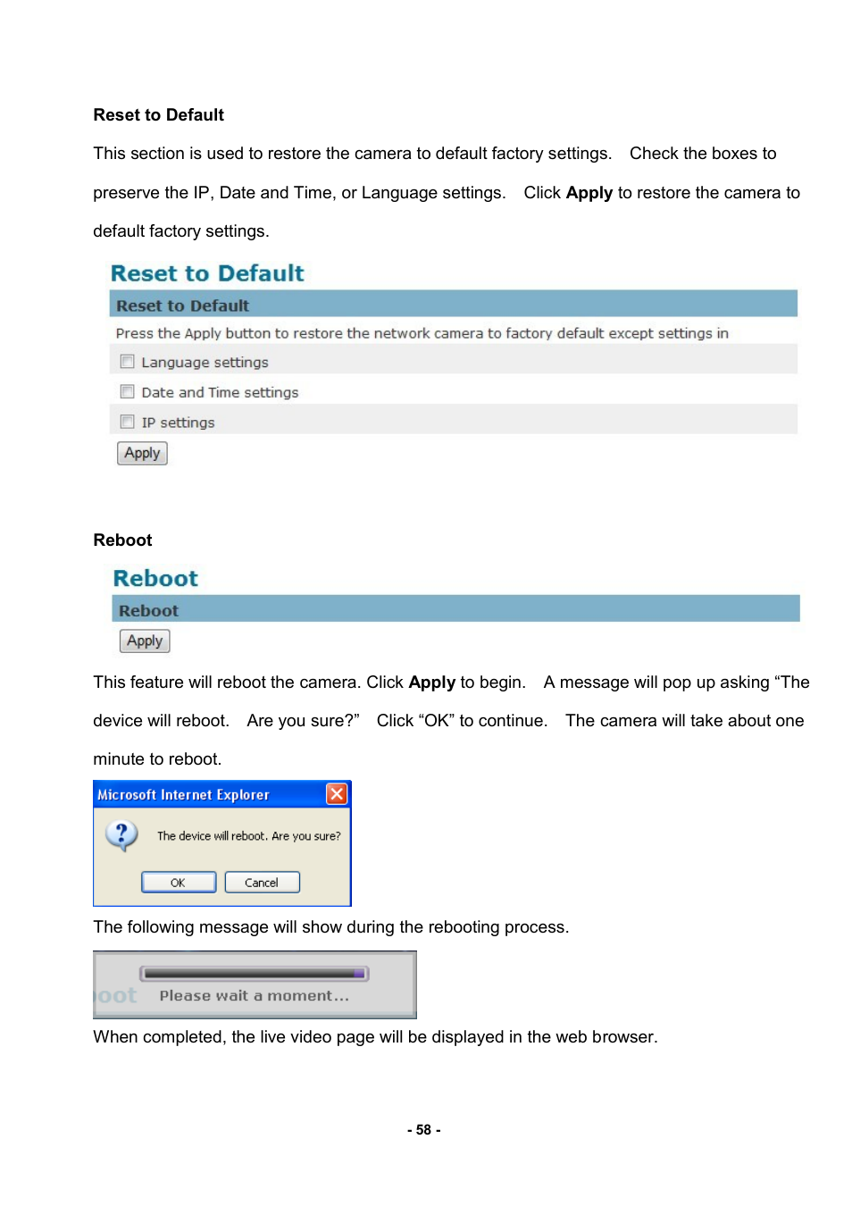 Reset to default reboot | LevelOne FCS-3052 User Manual | Page 62 / 66