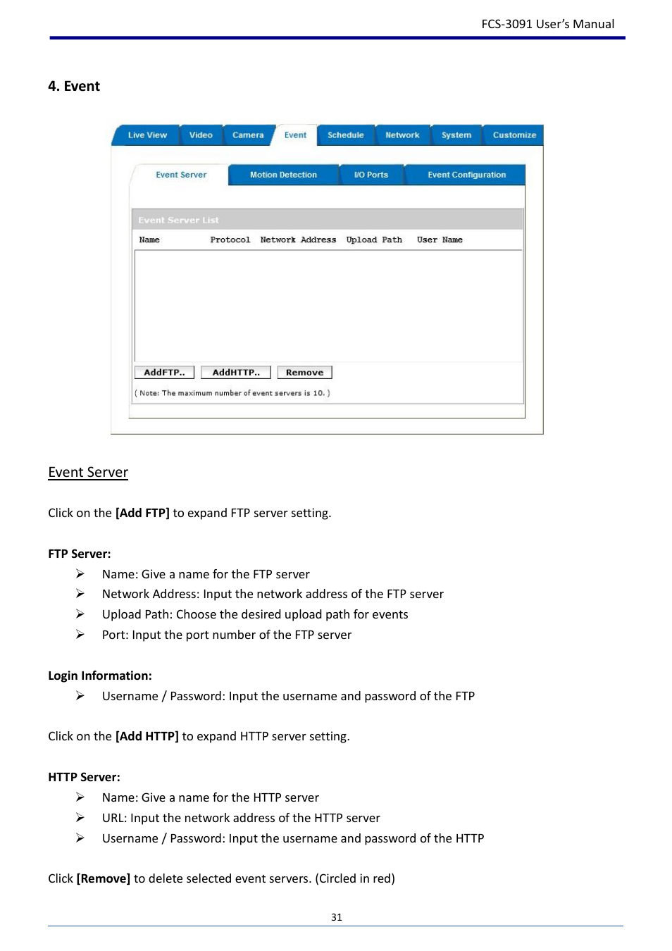 Event, Event server | LevelOne FCS-3091 User Manual | Page 32 / 53