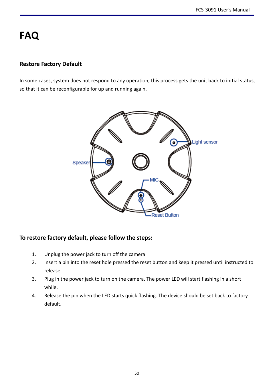 Restore factory default | LevelOne FCS-3091 User Manual | Page 51 / 53