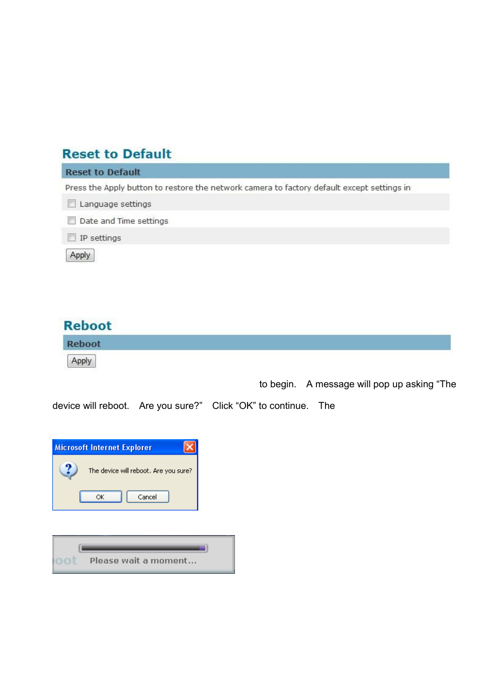 Reset to default, Reboot | LevelOne FCS-5052 User Manual | Page 59 / 63