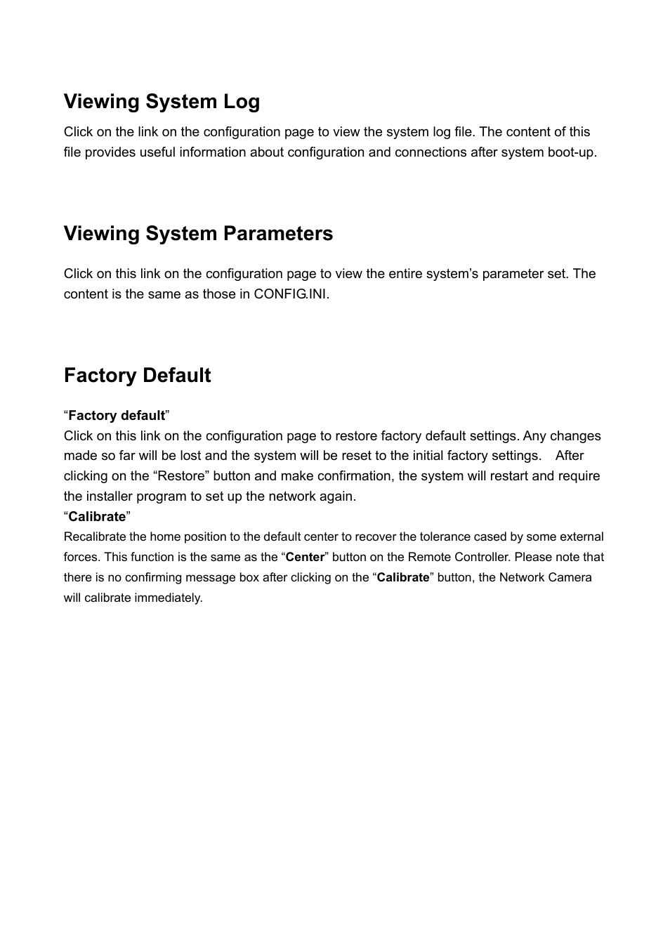 Viewing system log, Viewing system parameters, Factory default | LevelOne WCS-2010 User Manual | Page 52 / 68