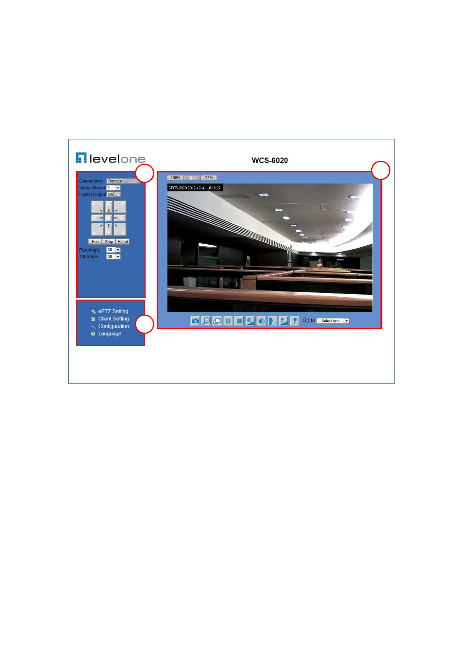 Browser-based viewer introduction, Main screen with camera view, Configuration functions | LevelOne WCS-6050 User Manual | Page 18 / 54