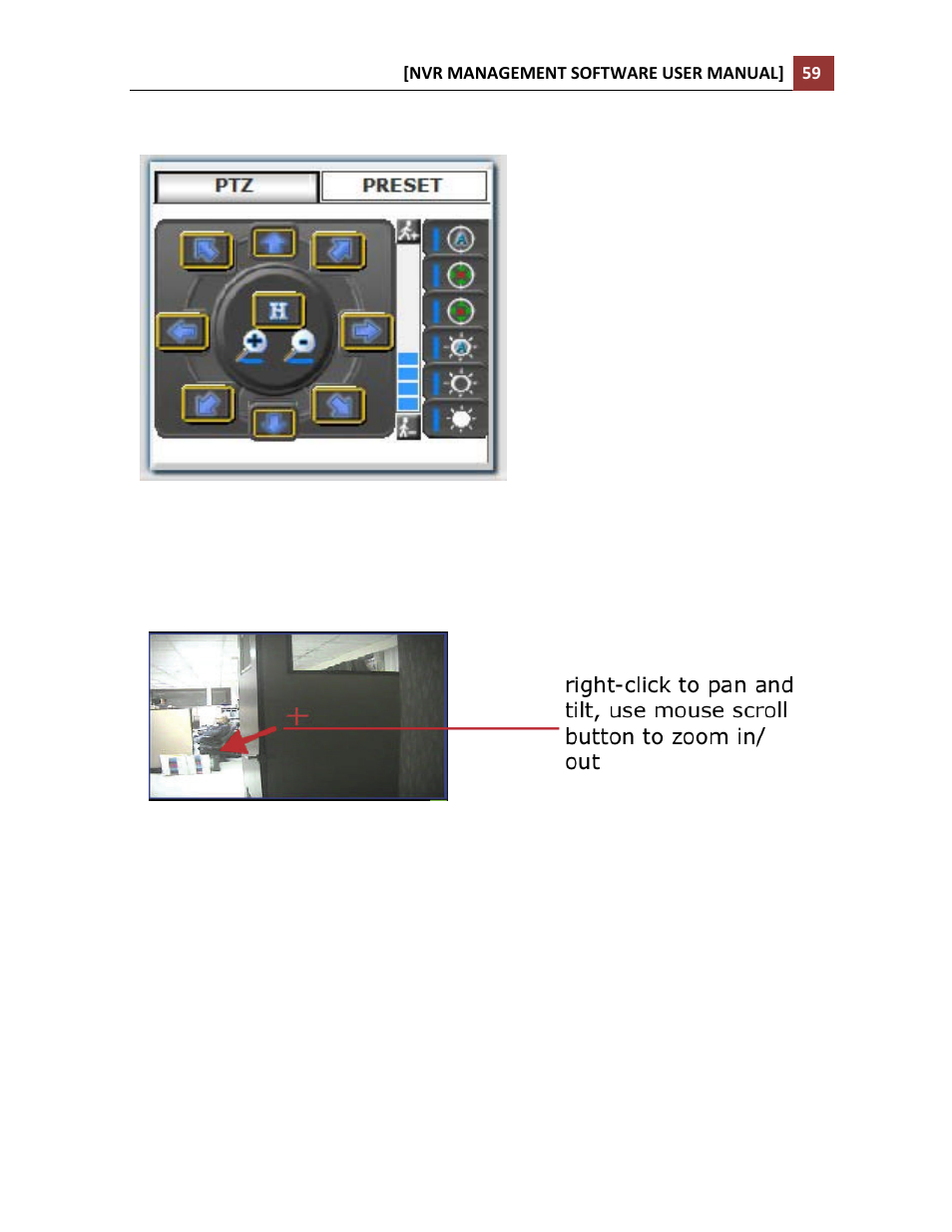 Using ptz control panel, Use mouse-over-video ptz | LevelOne NVR-0216 User Manual | Page 59 / 86