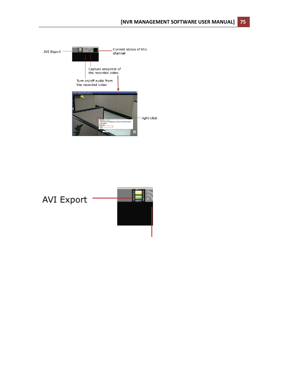 Capture snapshots of a playback video, Avi export | LevelOne NVR-0216 User Manual | Page 75 / 86