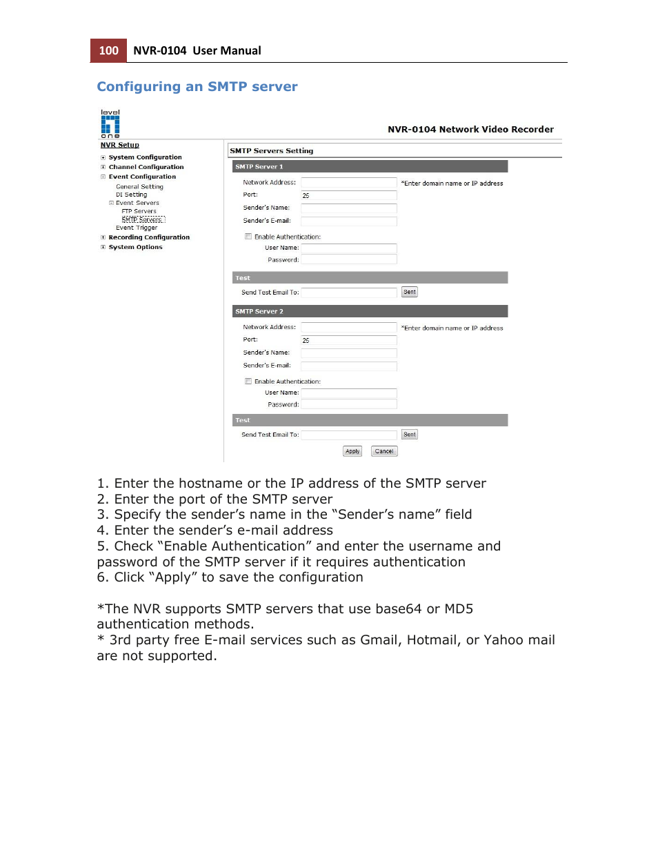 Configuring an smtp server | LevelOne NVR-0104 User Manual | Page 100 / 157