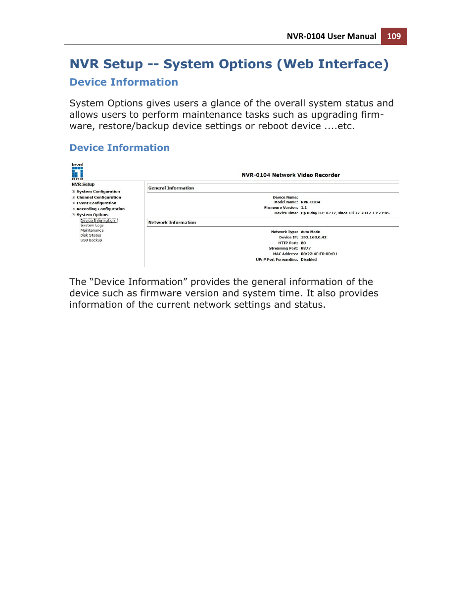 Nvr setup -- system options (web interface), Device information | LevelOne NVR-0104 User Manual | Page 109 / 157