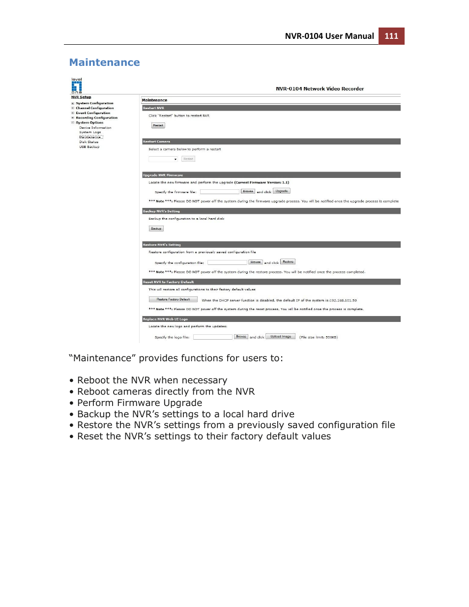 Maintenance | LevelOne NVR-0104 User Manual | Page 111 / 157