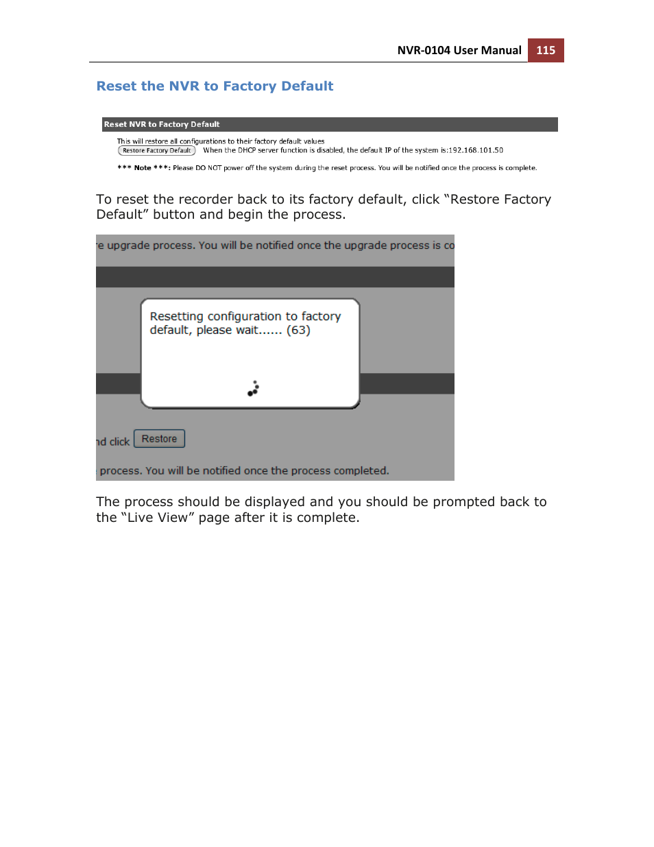 Reset the nvr to factory default | LevelOne NVR-0104 User Manual | Page 115 / 157