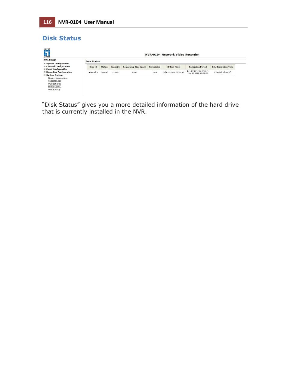 Disk status | LevelOne NVR-0104 User Manual | Page 116 / 157