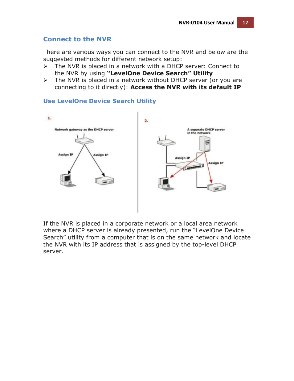 Connect to the nvr, Use levelone device search utility | LevelOne NVR-0104 User Manual | Page 17 / 157