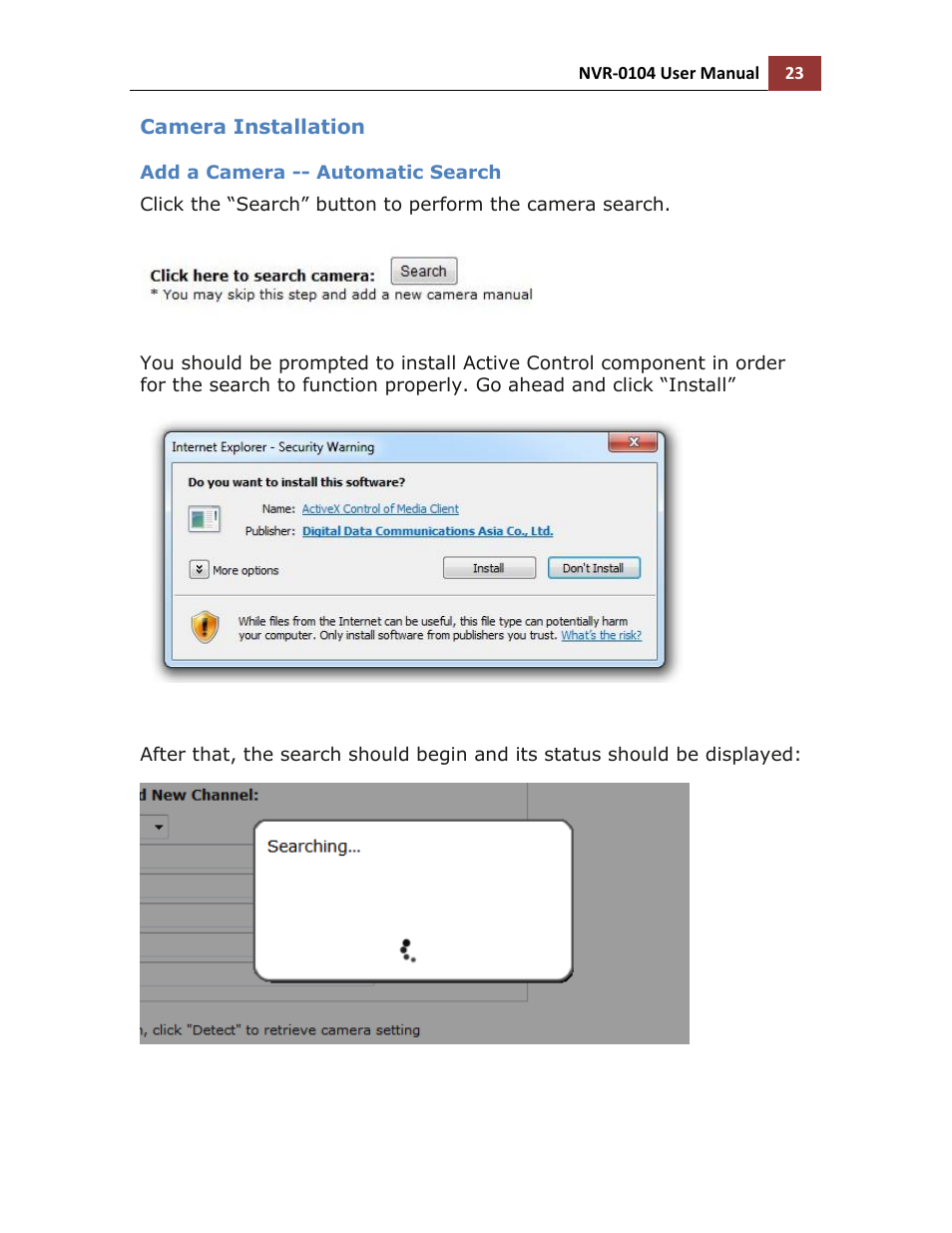 Camera installation, Add a camera -- automatic search | LevelOne NVR-0104 User Manual | Page 23 / 157