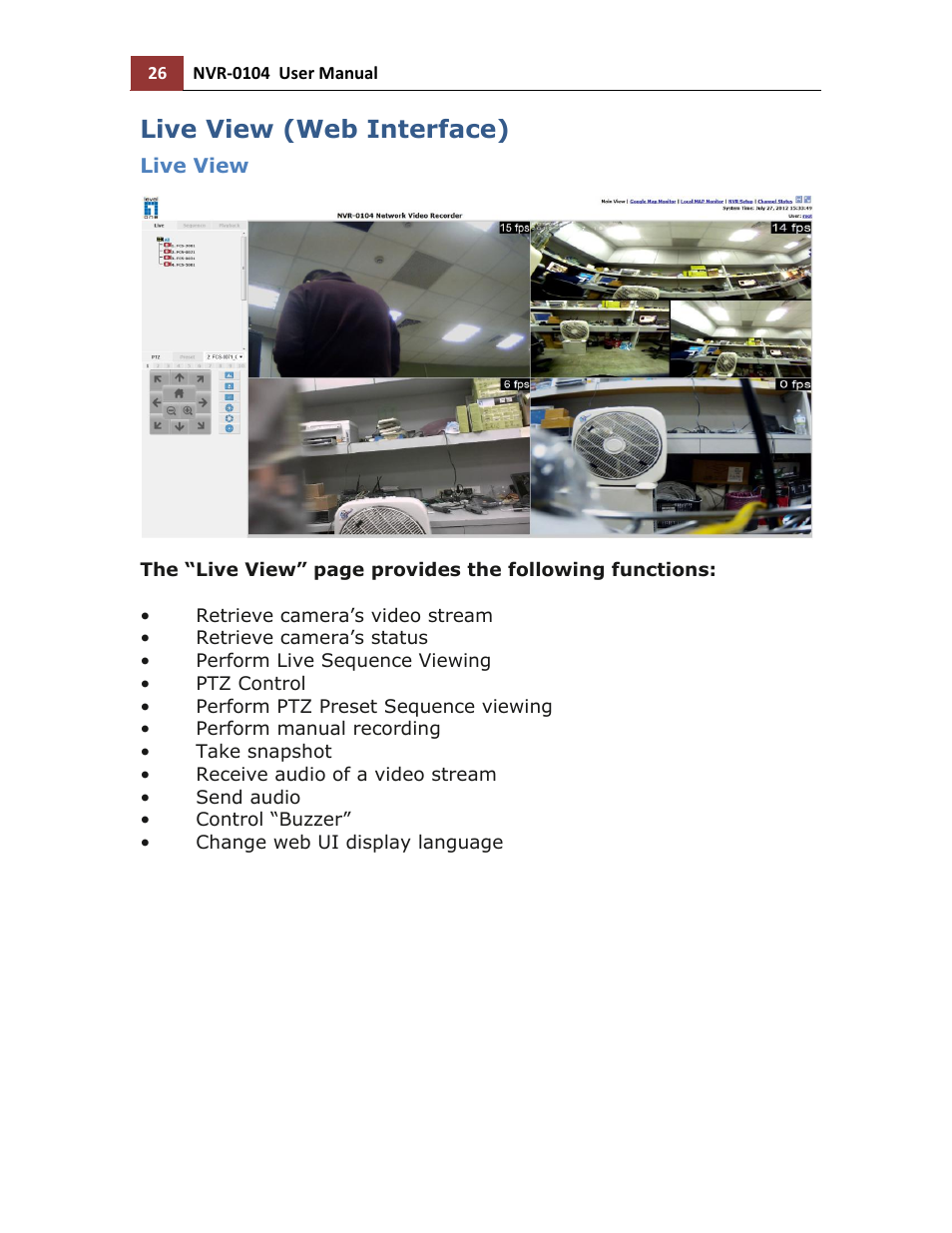 Live view (web interface), Live view | LevelOne NVR-0104 User Manual | Page 26 / 157