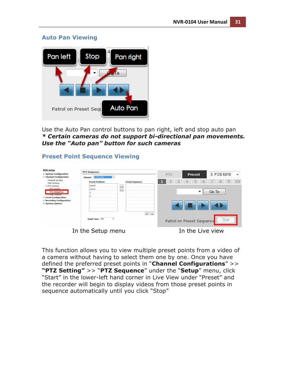Auto pan viewing, Preset point sequence viewing | LevelOne NVR-0104 User Manual | Page 31 / 157