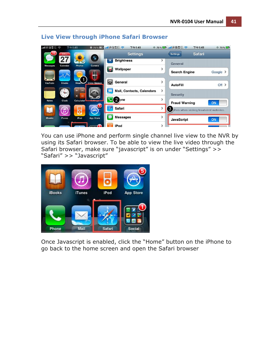 Live view through iphone safari browser | LevelOne NVR-0104 User Manual | Page 41 / 157