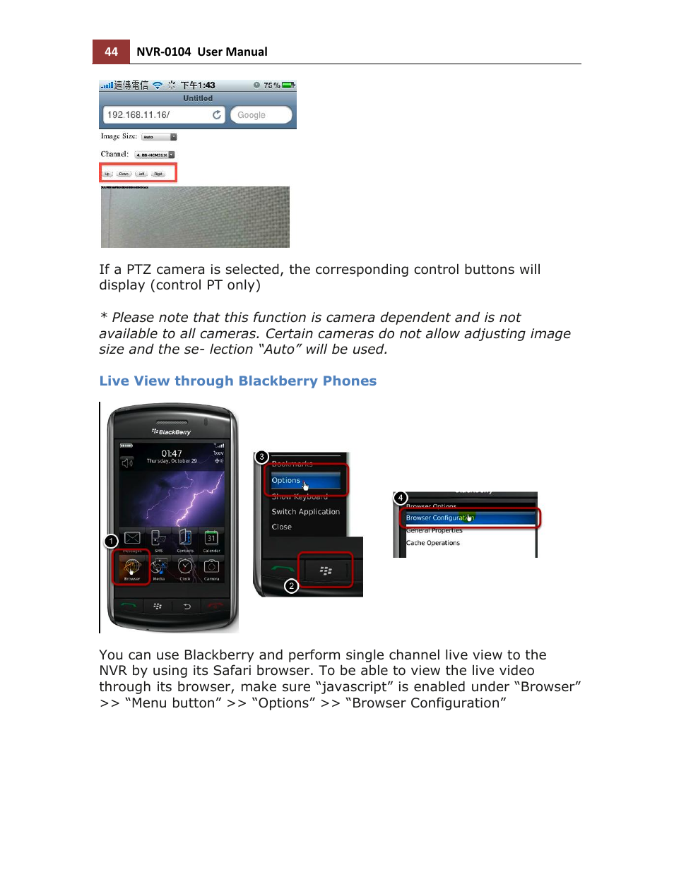 Live view through blackberry phones | LevelOne NVR-0104 User Manual | Page 44 / 157