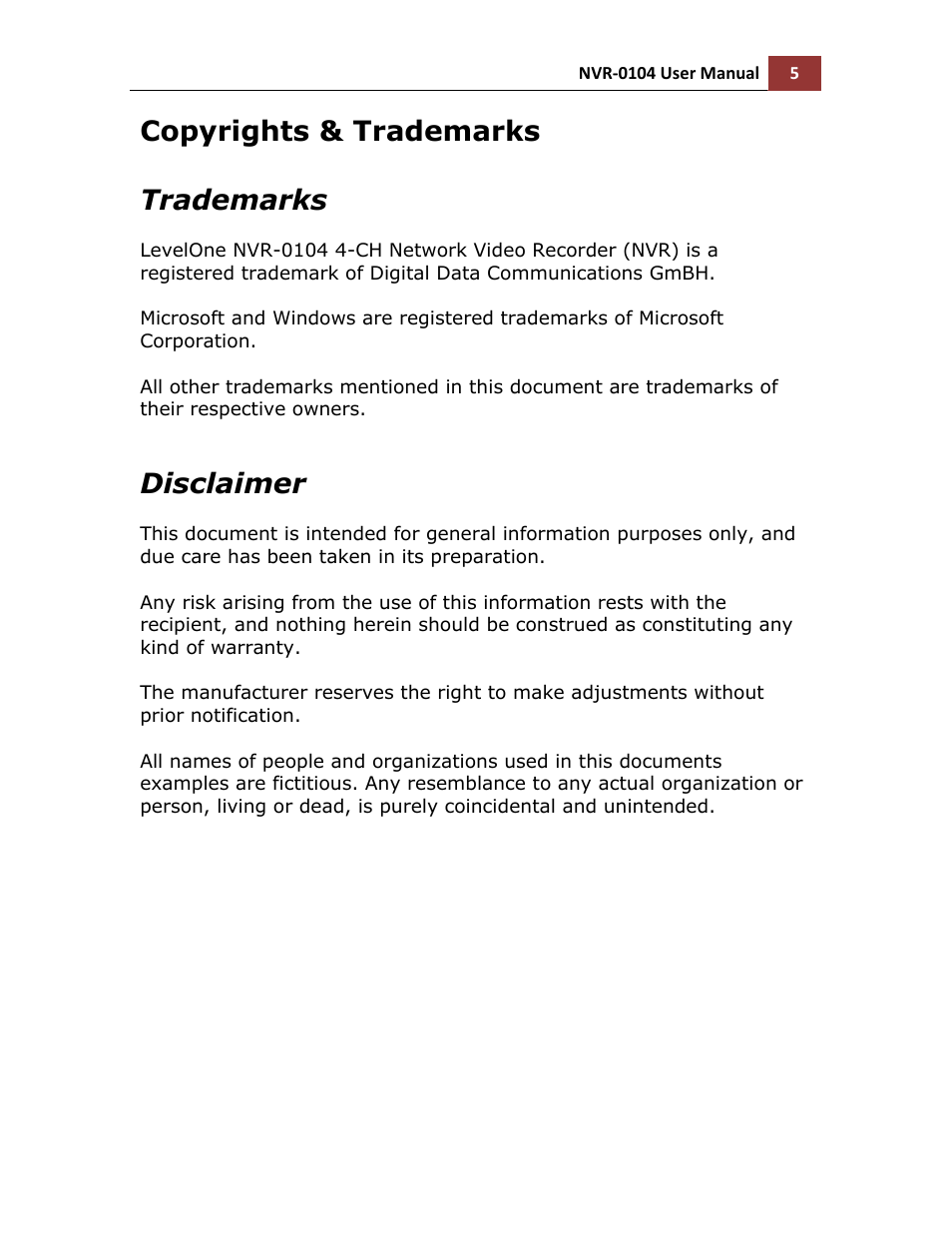 Copyrights & trademarks trademarks, Disclaimer | LevelOne NVR-0104 User Manual | Page 5 / 157