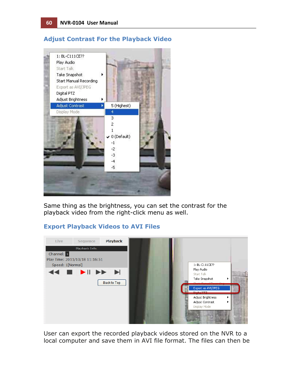 Adjust contrast for the playback video, Export playback videos to avi files | LevelOne NVR-0104 User Manual | Page 60 / 157