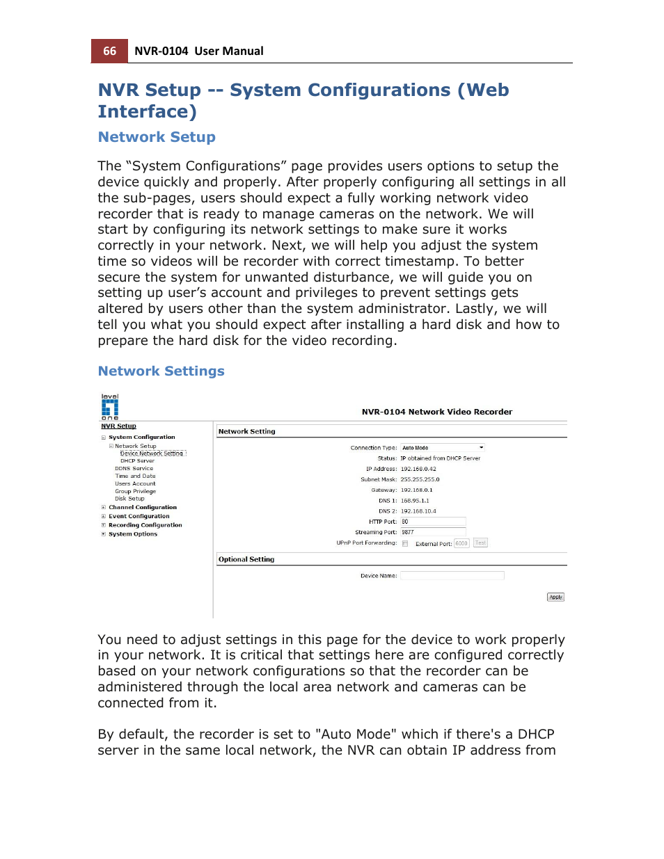 Nvr setup -- system configurations (web interface), Network setup, Network settings | LevelOne NVR-0104 User Manual | Page 66 / 157