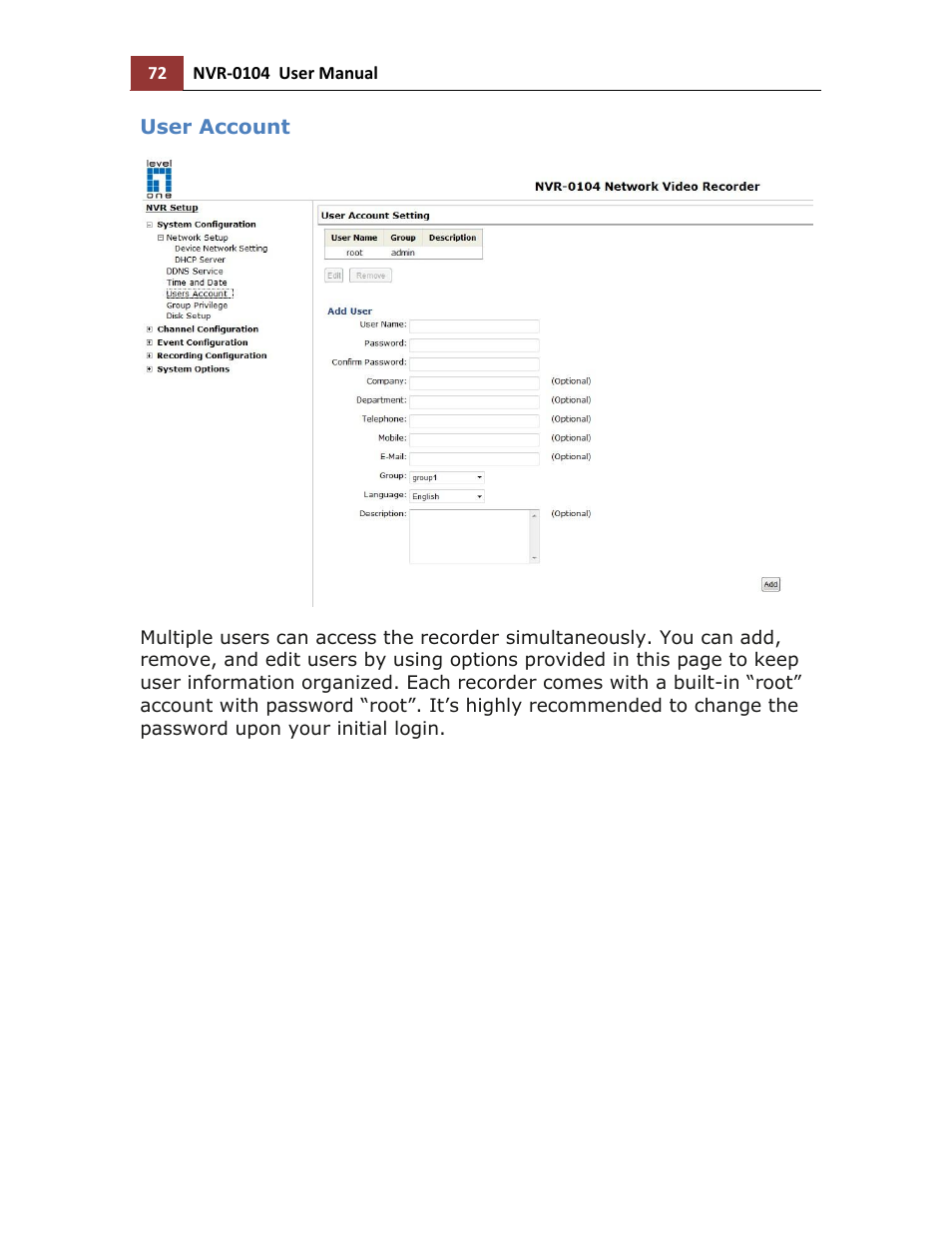 User account | LevelOne NVR-0104 User Manual | Page 72 / 157
