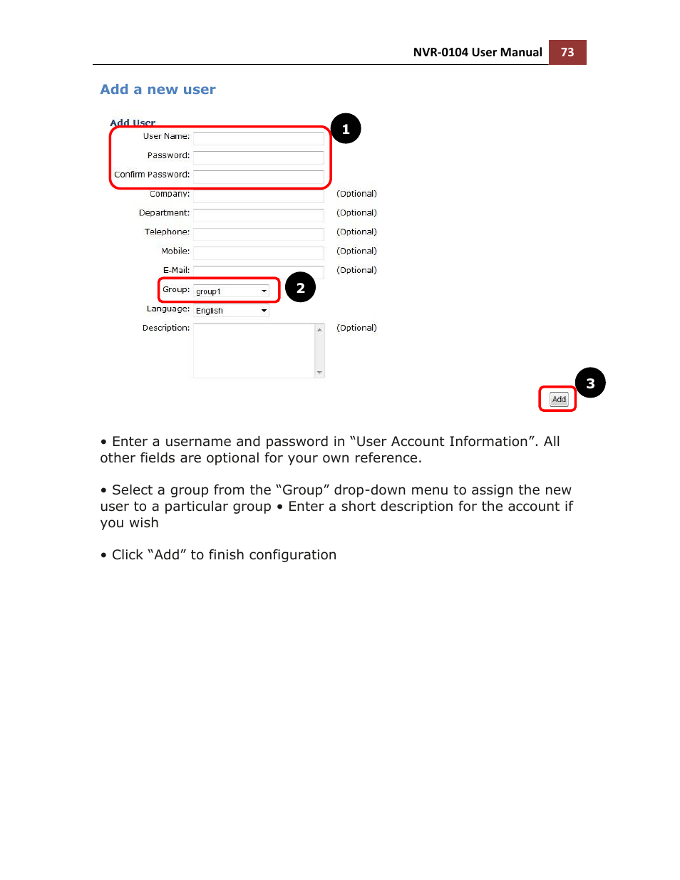 Add a new user | LevelOne NVR-0104 User Manual | Page 73 / 157