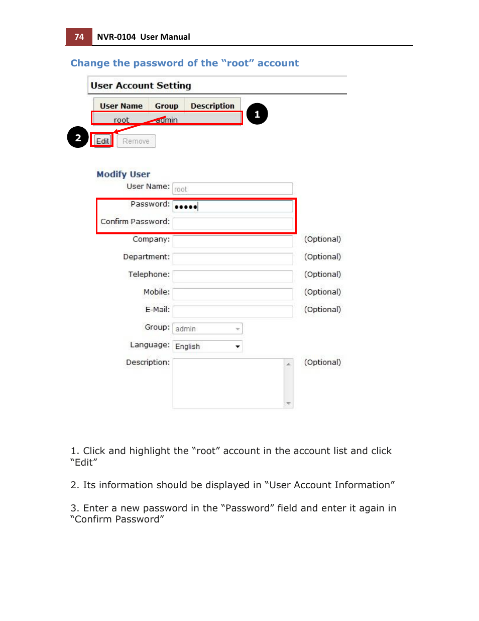 Change the password of the “root” account | LevelOne NVR-0104 User Manual | Page 74 / 157