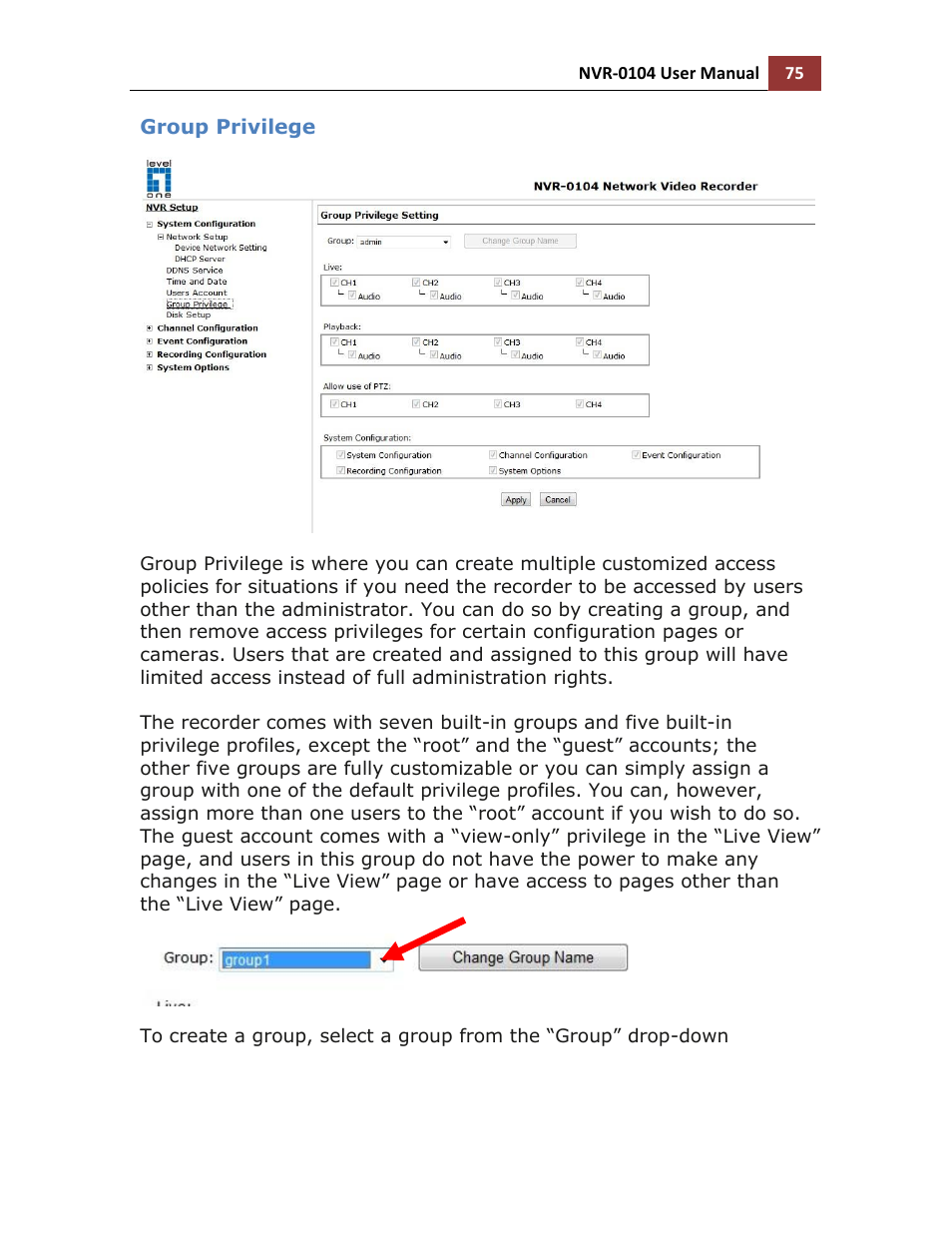 Group privilege | LevelOne NVR-0104 User Manual | Page 75 / 157