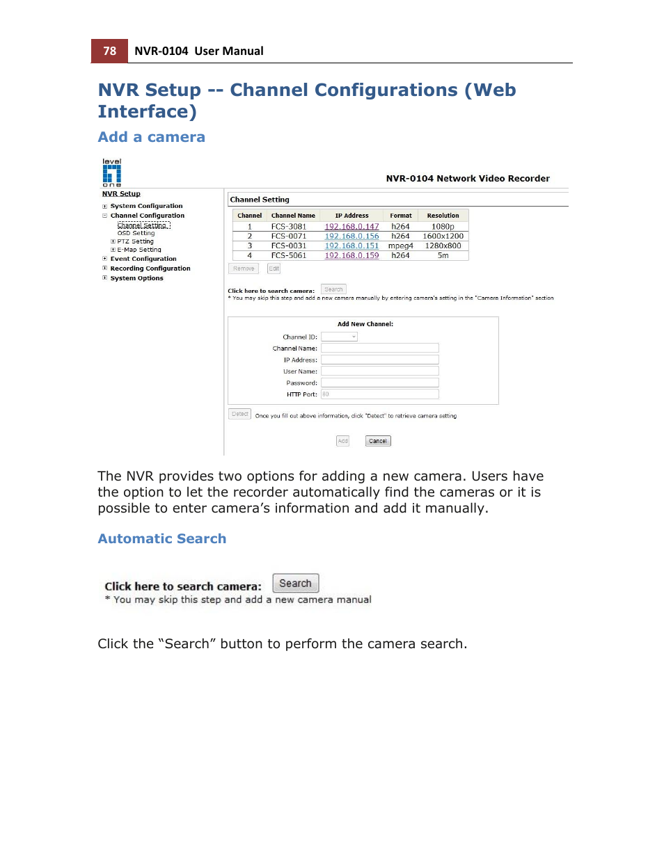 Add a camera, Automatic search | LevelOne NVR-0104 User Manual | Page 78 / 157